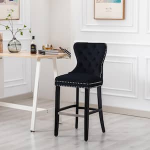 Harper 29 in. High Back Nail Head Trim Button Tufted Black Velvet Bar Stool with Solid Wood Frame in Black
