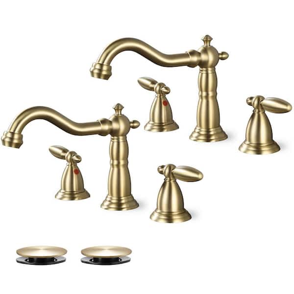 Double handle 8 in. Widespread Bathroom Faucet 3-Hole Bathroom Sink Faucet in Brushed Gold (2-Pack)