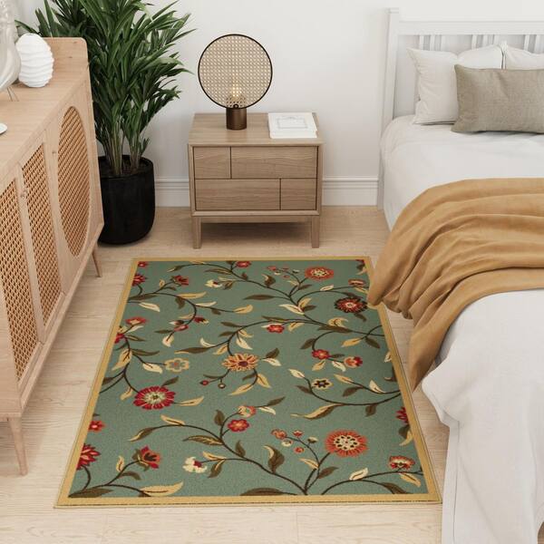 Ottohome Collection Non-Slip Rubberback Floral Leaves 3x5 Indoor Area Rug, 3 ft. 3 in. x 4 ft. 7 in., Dark Seafoam Green