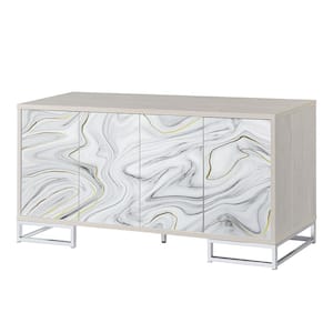 Panos White Marble Print and Chrome Finish Wood 15.75 in. Buffet