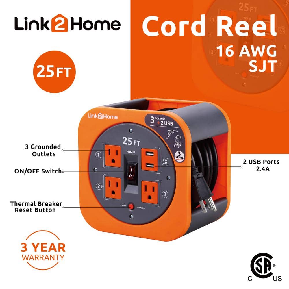 25 ft Black and Orange Extension Cord Reel with USB Ports