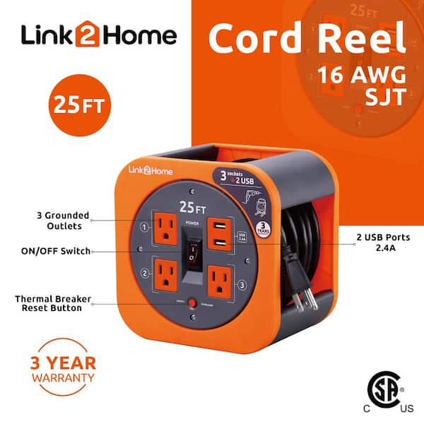 LINK2HOME Link2Home Cord Reel 30-ft 16 / 3-Prong Indoor Sjt Medium