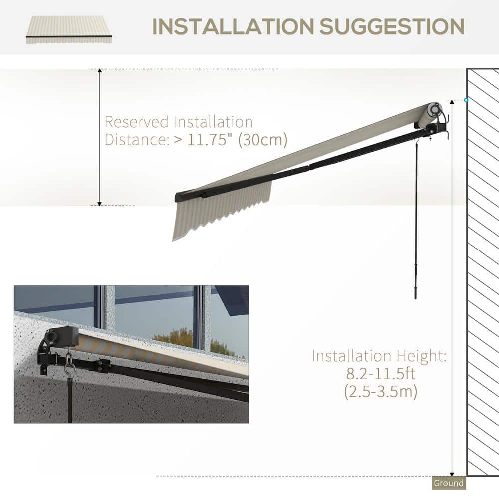 Beige and White Striped Polyester Retractable Patio Awning with Manual Crank