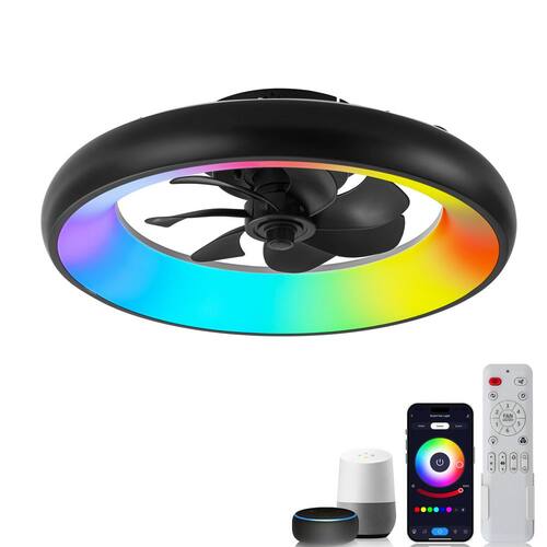20 in. Dimmable Integrated LED RGB Smart Indoor Black Low Profile Ceiling Fan with Light and Voice/App/Remote Control Ceiling Fans