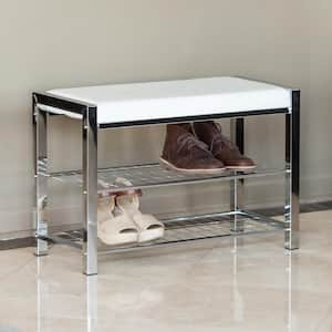 White Leatherette with Chrome Frame Storage Entryway Bench