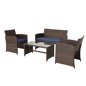 Brown 4-Piece Wicker Patio Conversation Set with Blue Cushions and Coffee Table