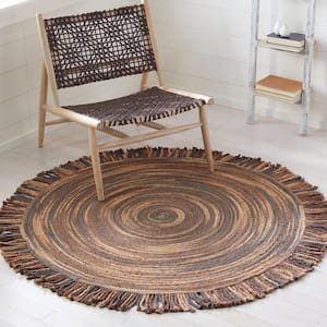 Braided Silver Ivory 5 ft. x 5 ft. Abstract Border Round Area Rug