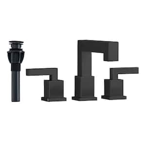 8 in. Widespread Double Handle Bathroom Faucet with Pop Up Drain and Water Supply Lines in Matt Black