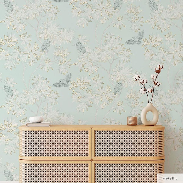 Metallic Celeste Parliament Owls Unpasted Wallpaper Roll (Covers 56 sq. ft.)
