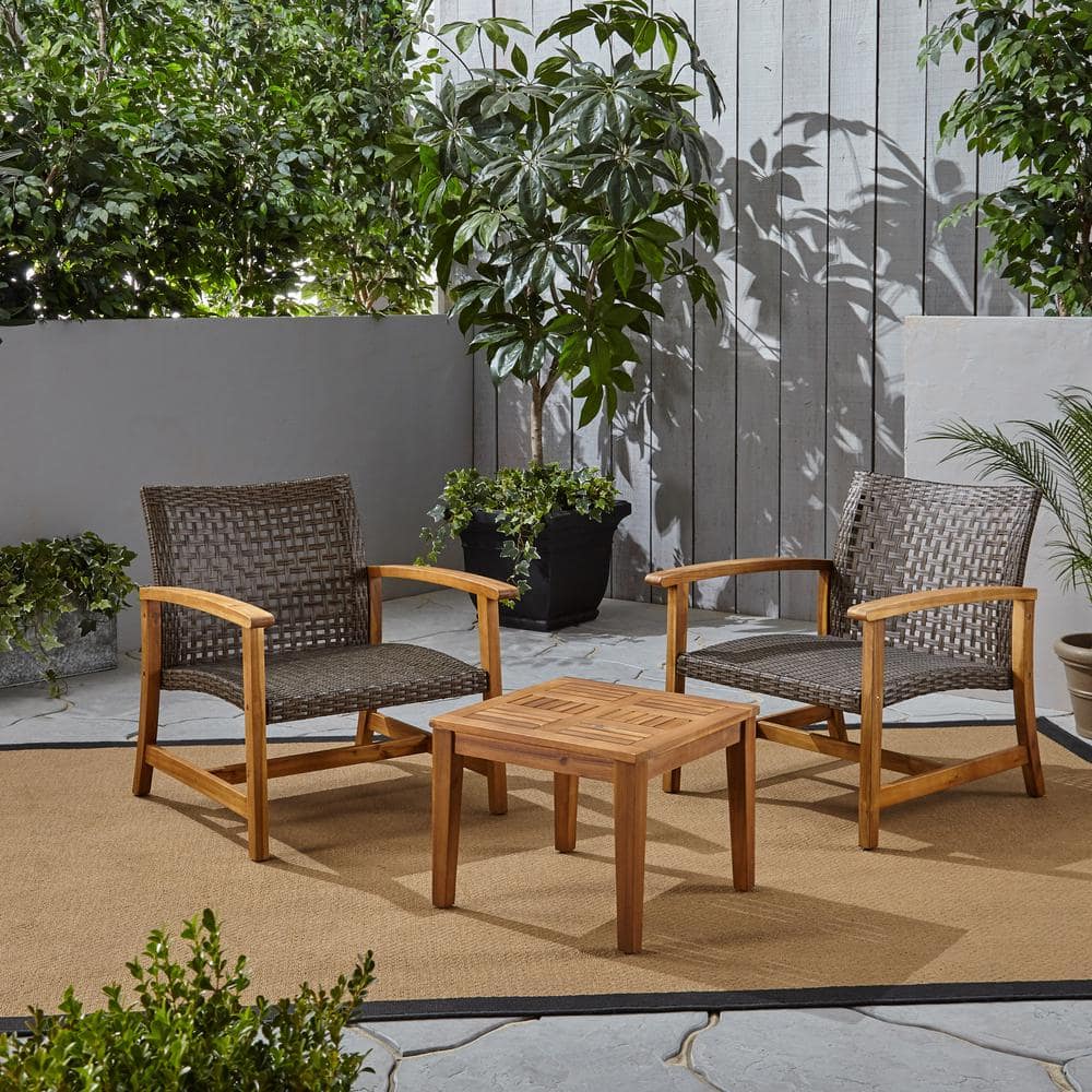 Noble House Hampton Mixed Mocha 3-Piece Wood Outdoor Patio Conversation ...