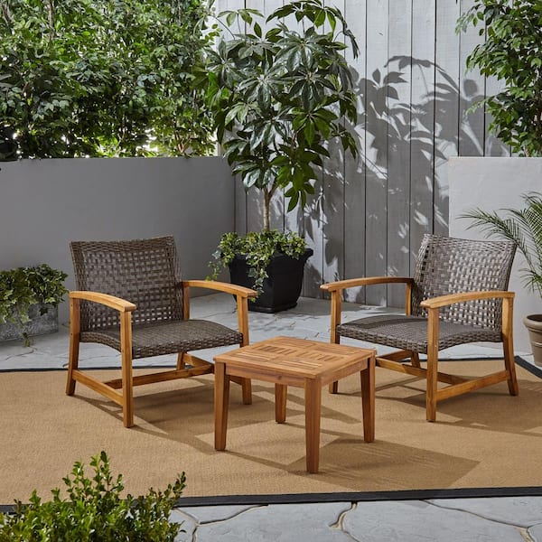 Noble House Hampton Mixed Mocha 3-Piece Wood Outdoor Patio Conversation Seating Set