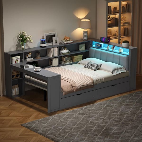 Gray Wood Frame Full Platform Bed with Upholstered Headboard, Charging Station, LED, Storage Shelves, Drawers and Desk