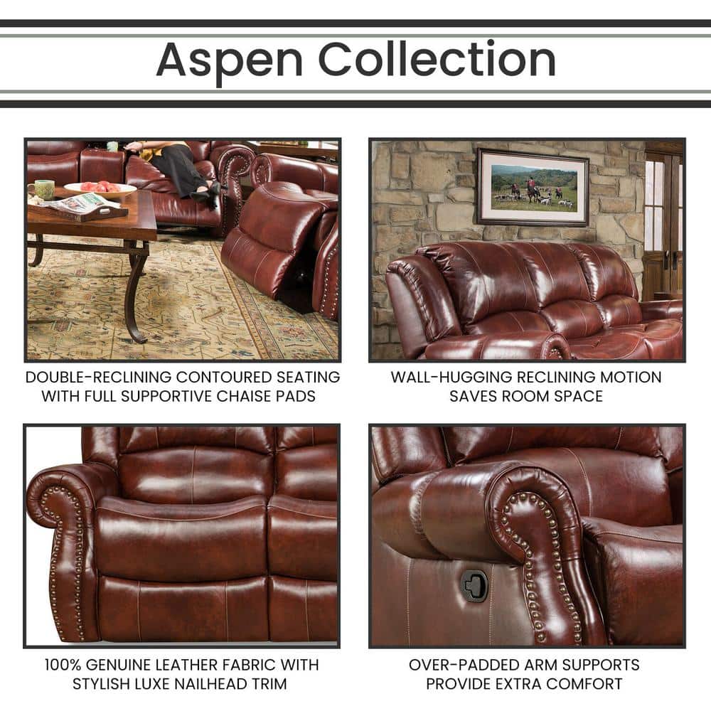 Aspen 93'' Brown Leather Reclining Sofa with Nailhead Trim
