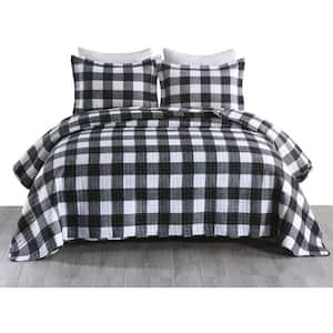 B020 Buffalo 3-Piece Black White Check Polyester Queen Size Quilt Set