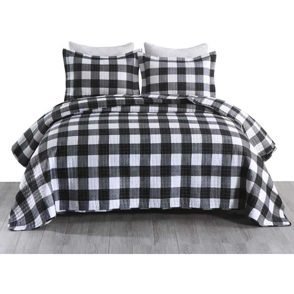 King Black and White Plaid Reversible Quilt Set