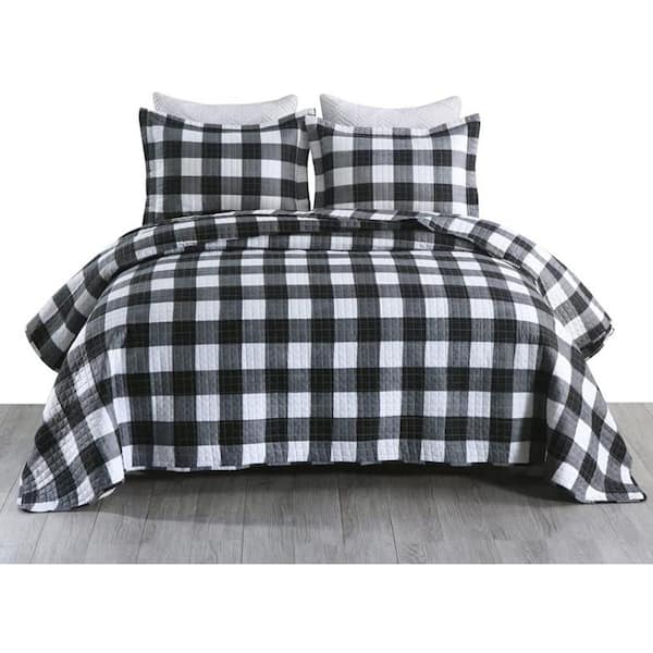 B020 Buffalo 3-Piece Black White Check Polyester King Quilt Set
