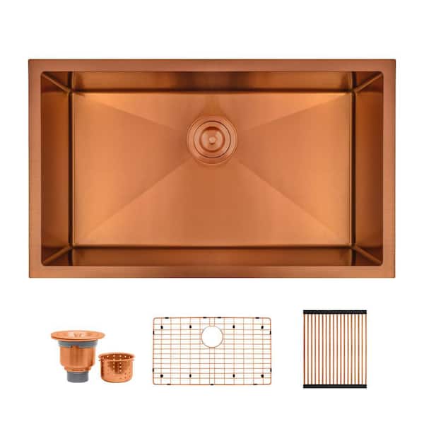 30 in. Undermount Single Bowl 16 Gauge Copper Stainless Steel Kitchen Sink with Accessories