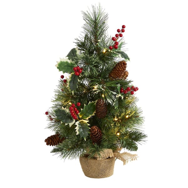 Nearly Natural 18 in. Battery Operated Pre-Lit Mixed Pine Artificial Christmas Tree, Holly Berries, Pinecones, 35 Clear LED Lights