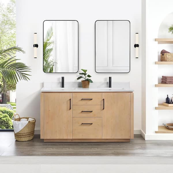 ROSWELL San 60 in.W x 22 in.D x 33.8 in.H Double Sink Bath Vanity in Fir Wood Brown with White Composite Stone Top