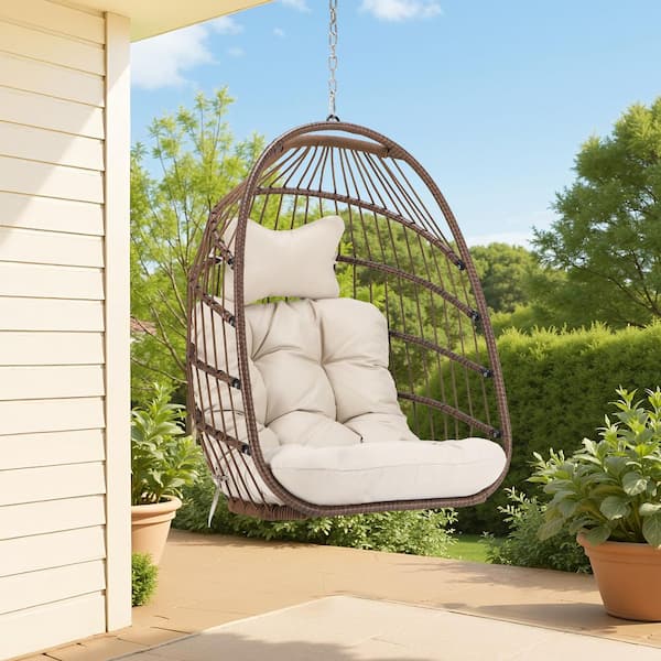 1-Person Brown PE Wicker Porch Swing Egg Chair with Beige Cushion