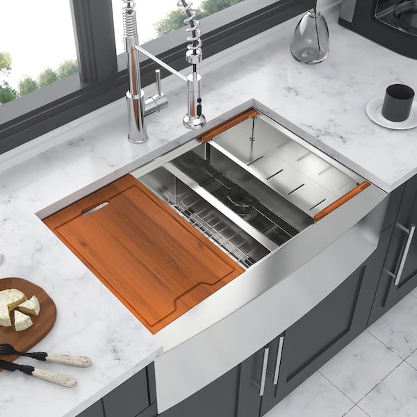 33 in. Farmhouse Double Bowl (60/40) 16 Gauge Brushed Nickel Stainless Steel Kitchen Sink with Workstation