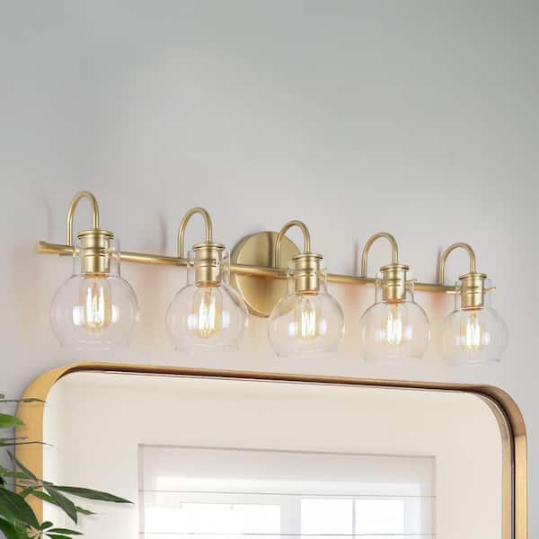 Modern Light Gold Vanity Light 35.5 in. 5-Light Bathroom Power Room Light with Globe Clear Glass Shades