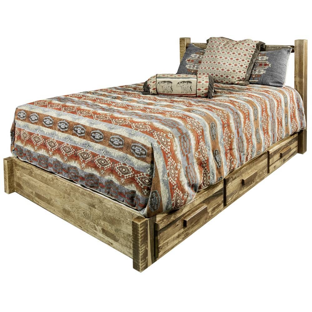 Early American Pine King Platform Bed with Storage Drawers