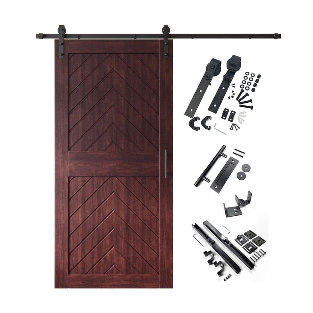 JT1 32 in. x 84 in. C-Panel Red Mahogany Fishbone Design Solid Pine Wood Sliding Barn Door with Hardware Kit price history on PriceWatchPro