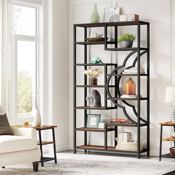 BYBLIGHT Eulas 74.8 in. Tall Brown Wood 11-Shelf Etagere Bookcase Bookshelf with Unique Four Leaf Clover Shape Design, Set of 2