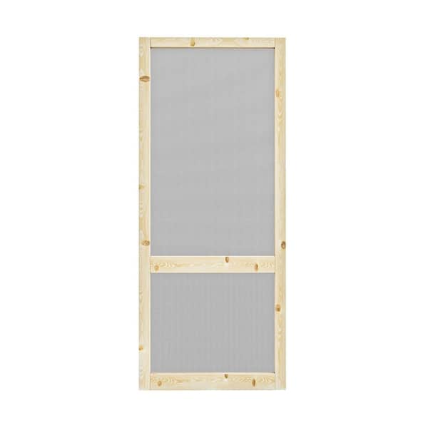 32 in. x 80 in. 2-Lite Single Universal Paneled Railing Style Unfinished Pine Wood and Gauze Mesh Hinged Screen Door