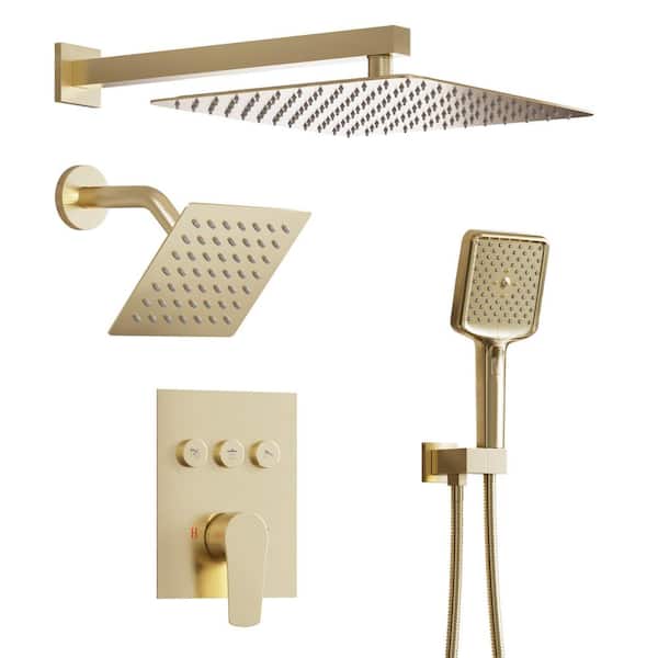 Dimakai 3-Spray Wall Mount Dual Fixed and Handheld Shower Head 1.8 GPM Push Button Design Shower Faucet Set in Brushed Gold