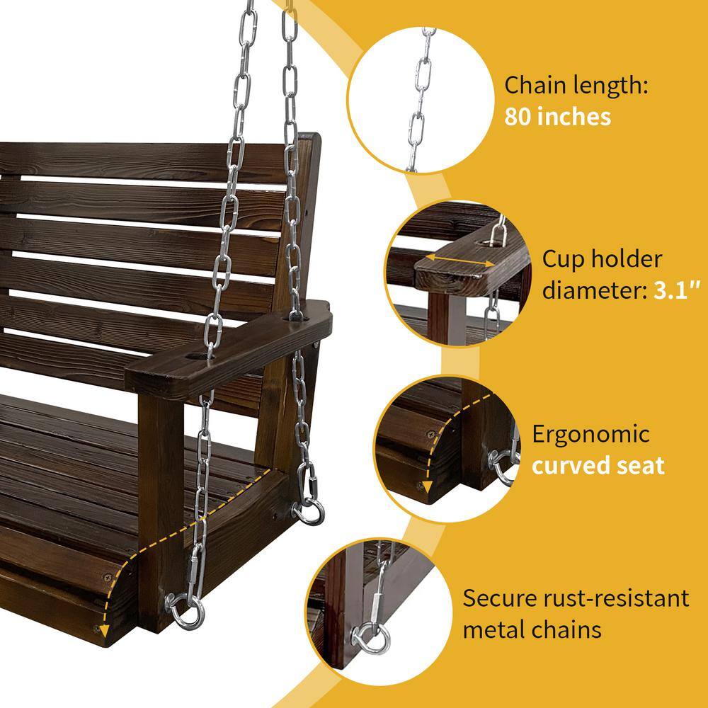 Deep Brown Wooden Porch Swing with Ergonomic Seat and Hanging Chains
