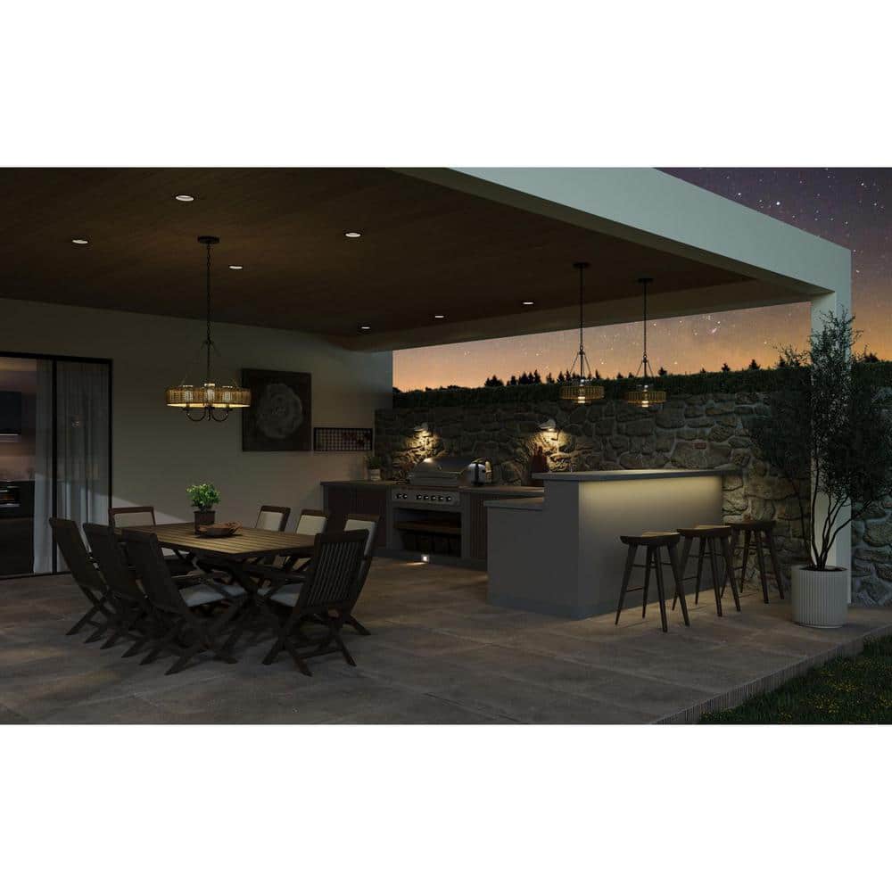 Pembroke Matte Black Outdoor Chandelier with Mocha Rattan and Seeded Glass