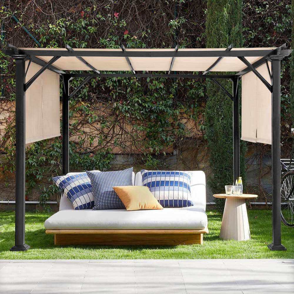 JOYSIDE 10 ft. x 10 ft. Steel Patio Pergola with Beige Shade Canopy  LTNP-F03-BEIGE - The Home Depot