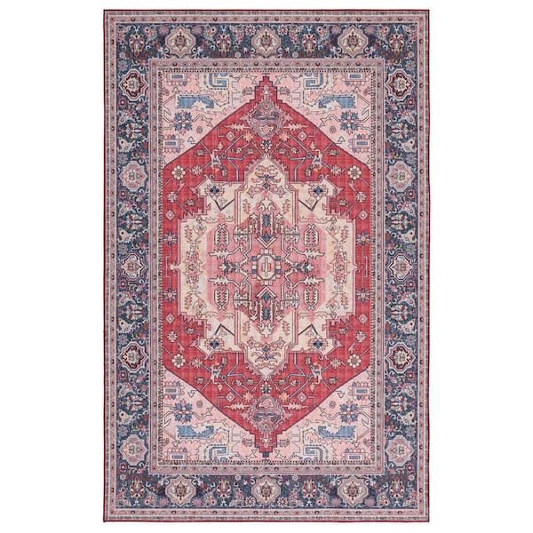 SAFAVIEH Tuscon Red/Navy 4 ft. x 6 ft. Machine Washable Floral Medallion Border Area Rug
