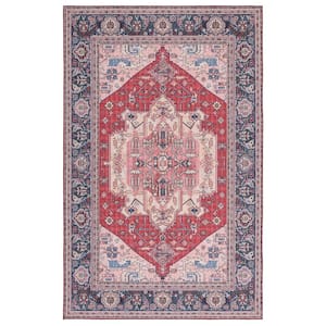 Tuscon Red/Navy 5 ft. x 8 ft. Machine Washable Floral Medallion Border Area Rug