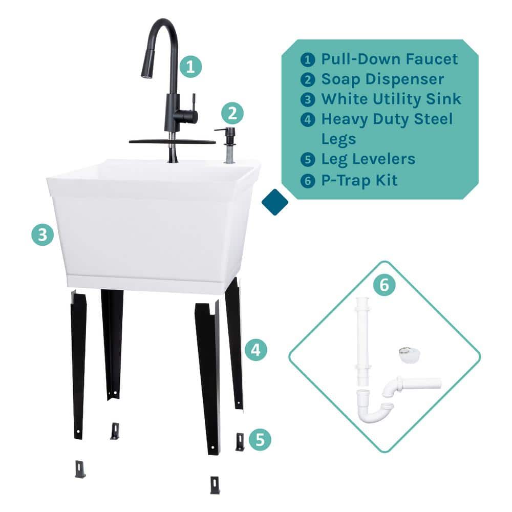 White Freestanding Utility Sink with Black High-Arc Faucet