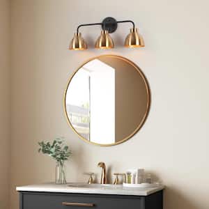 22 in. 3-Light Brass-Plated Industrial Bathroom Vanity Light, Modern Black Wall Sconce, Bath Lighting for Powder Rooms
