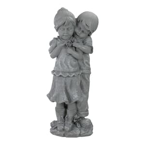 19.5 in. Gray Boy Hugging Girl Outdoor Garden Statue