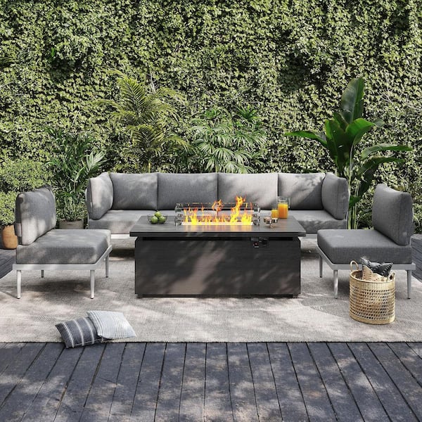 7-Piece Metal Patio Conversation Set with 51in. Gray Fire Pit, Outdoor Furniture Set with Cushions and White Frame