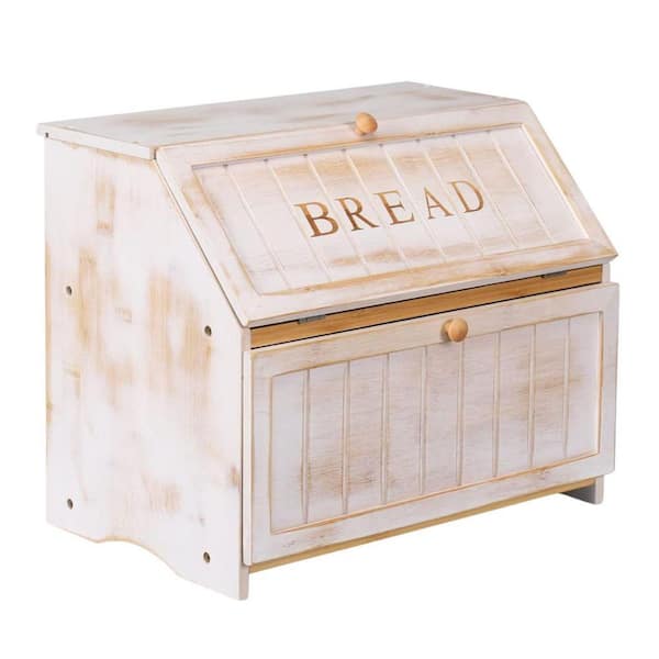 1-Piece Vintage Double Layer Large Bread Box Set for Kitchen Counter, Retro Design Wooden Bread Storage Bin