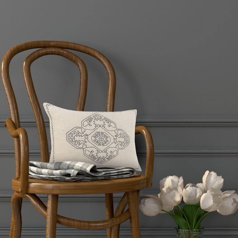 Off-White and Navy Blue Embroidered Rectangular Lumbar Pillow