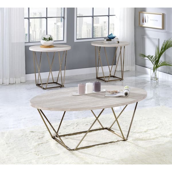 Rowyn 24 in. Gray Round Faux Marble Top End Table with Gold Frame