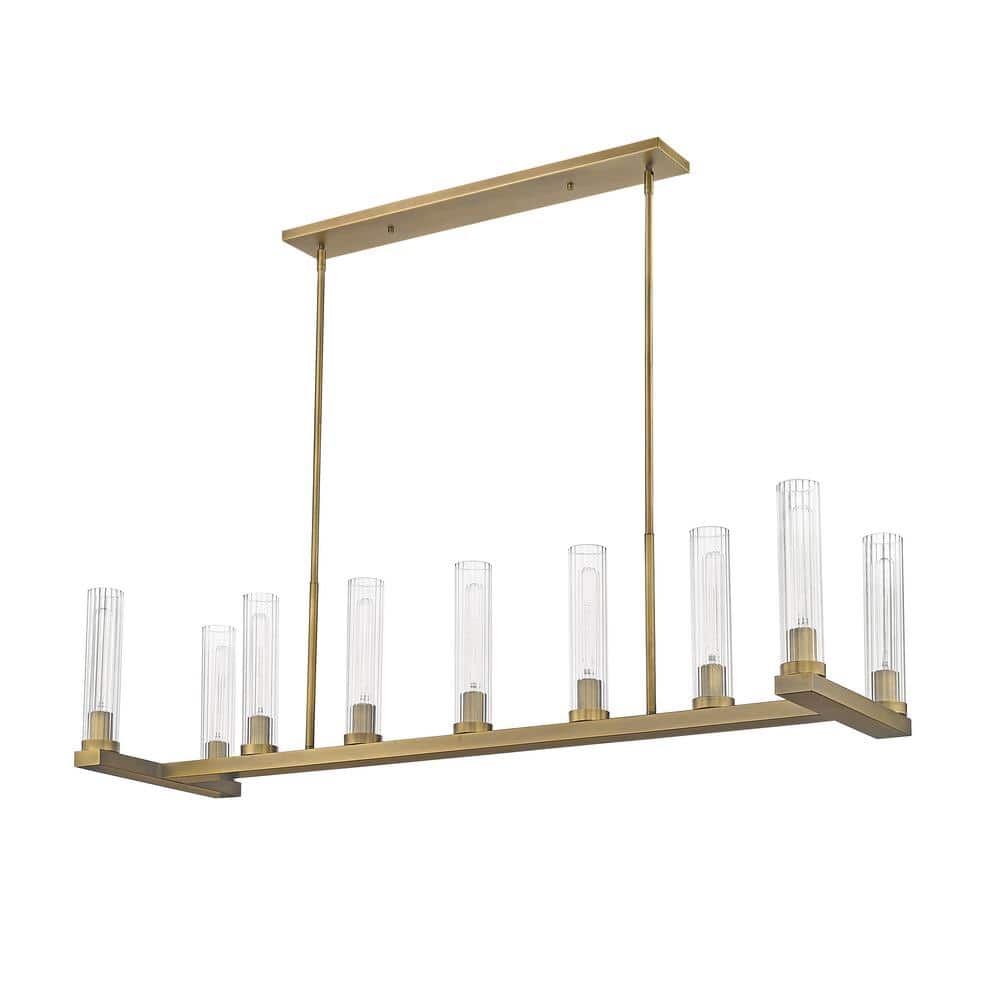 Rubbed Brass 9-Light Island Pendant with Fluted Glass Shades