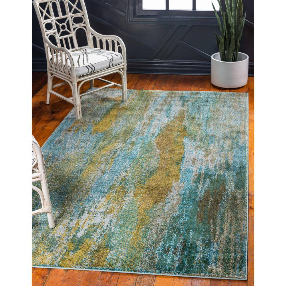 Turquoise and Gray Abstract Rectangular Area Rug, 5' x 8'