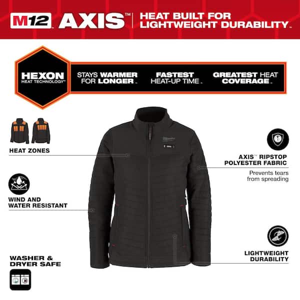 Women's X-Small M12 12V Lithium-Ion Cordless AXIS Black Heated Jacket Kit with (1) 3.0 Ah Battery and Charger