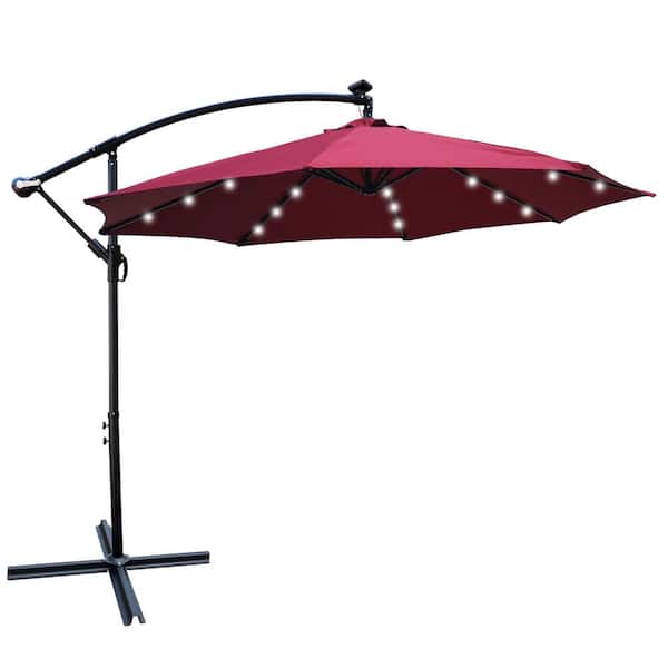 Unbranded 10 ft. Steel Market Hanging Solar LED Patio Umbrella with Heavy-Duty Cross Base in Burgundy Red