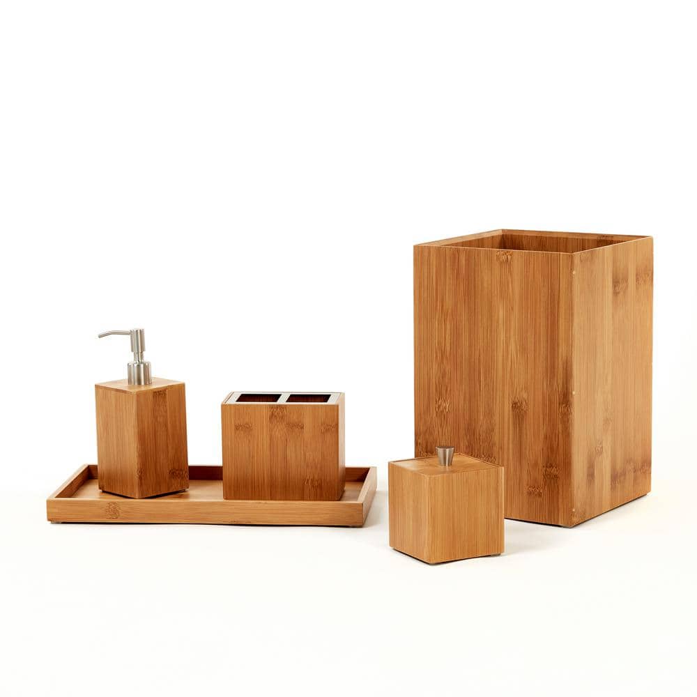 Rustic Bamboo and Stainless Steel 5-Piece Bathroom Set