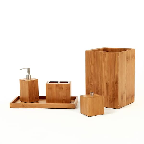 Hastings Home 5-PC Bamboo Bathroom Accessories Set - Brown  Wood Bath  Accessory Set with Soap Dispenser, Toothbrush Holder, and More at