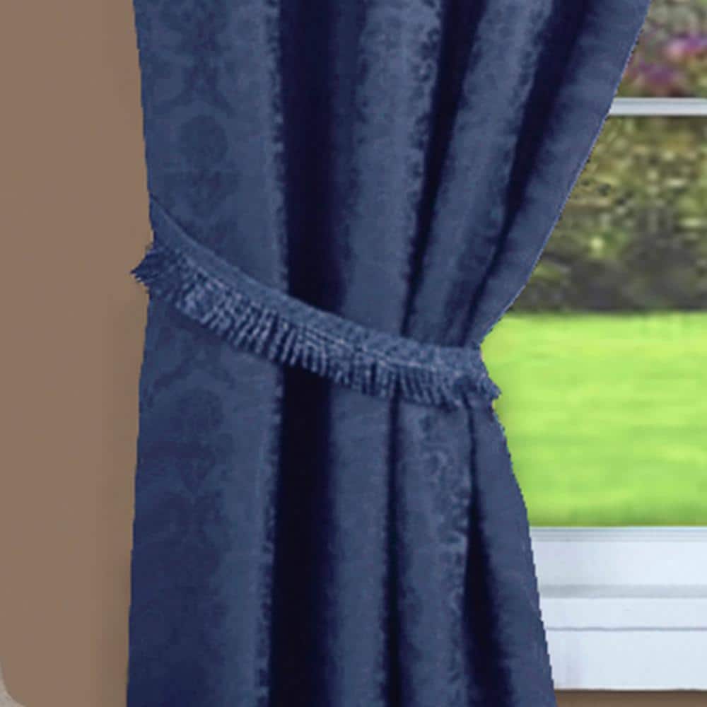 Navy Blue Jacquard Damask Curtains with Austrian Valance and Tiebacks